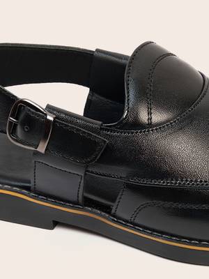 Vastramay men's black patent synthetic buckle ethnic shoes with brass-toned chunky embellishments 2