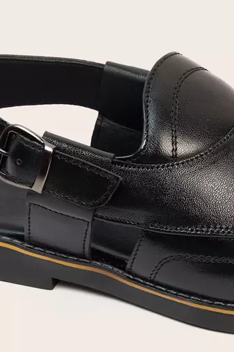 Vastramay men's black patent synthetic buckle ethnic shoes with brass-toned chunky embellishments