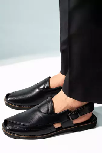 Vastramay men's black patent synthetic buckle ethnic shoes with brass-toned chunky embellishments