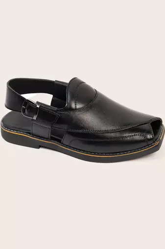 Vastramay men's black patent synthetic buckle ethnic shoes with brass-toned chunky embellishments