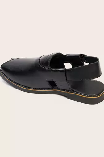 Vastramay men's black patent synthetic buckle ethnic shoes with brass-toned chunky embellishments