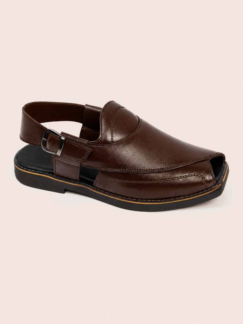 Vastramay men synthetic patent square toe buckle shoes - chocolate brown