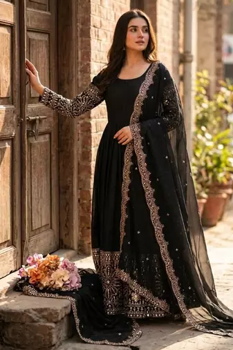 Black silk blend embroidered flared gown set