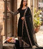 Black silk blend embroidered flared gown set