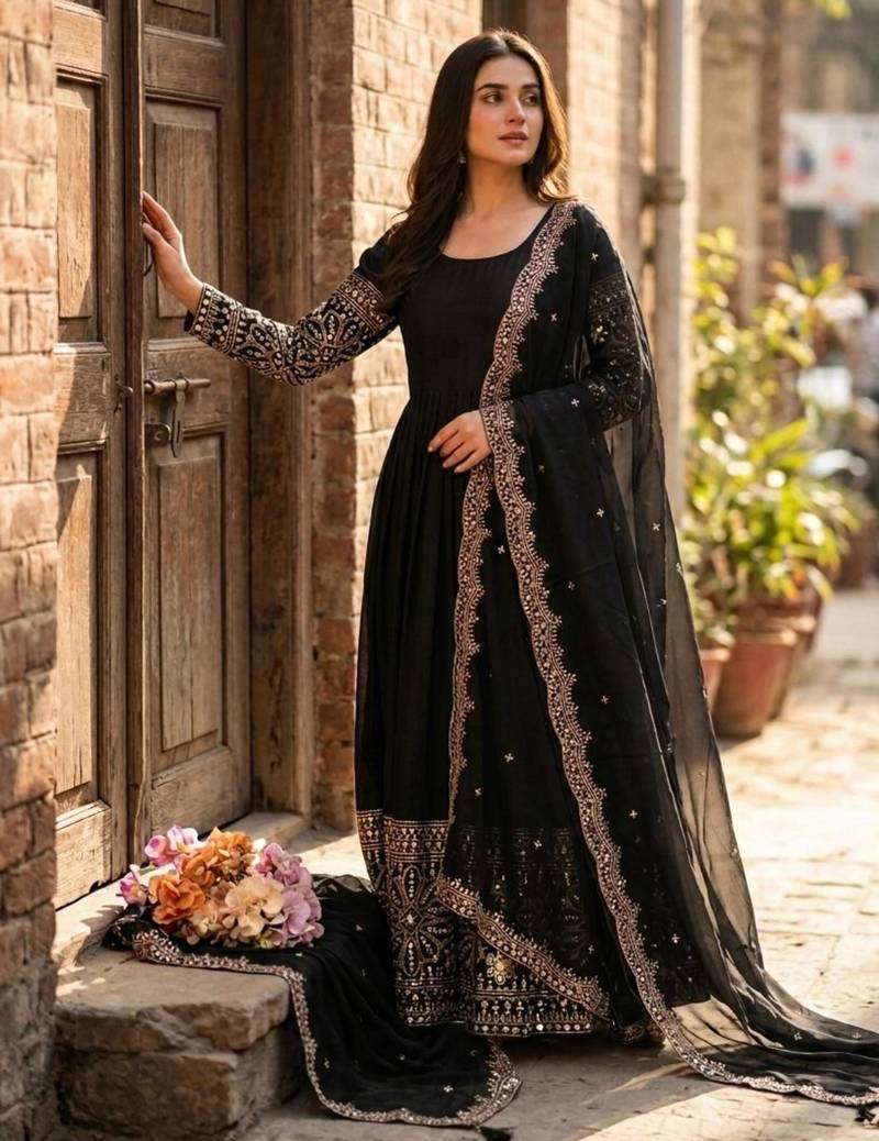 Black silk blend embroidered flared gown set