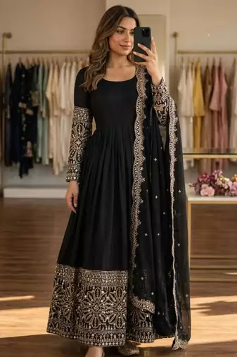 Black silk blend embroidered flared gown set