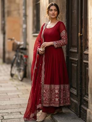 Red silk blend embroidered flared gown set 1