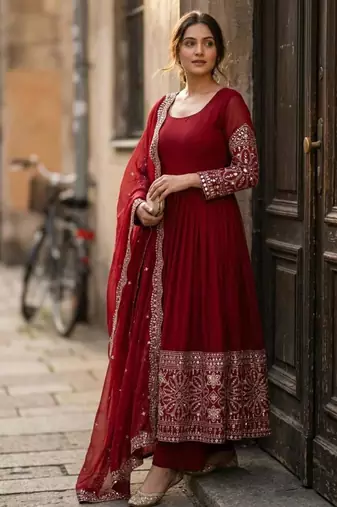 Red silk blend embroidered flared gown set