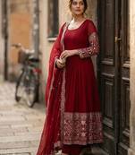 Red silk blend embroidered flared gown set