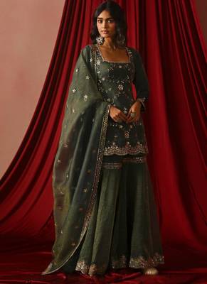 Olive silk blend zari sharara set 3