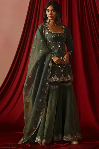 Olive silk blend zari sharara set