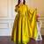 Yellow silk blend embroidered flared gown set
