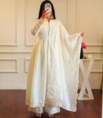White silk blend embroidered flared gown set