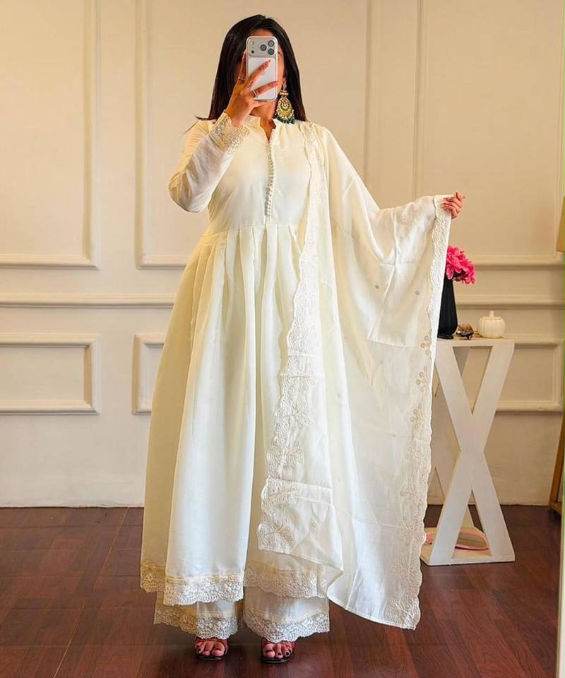 White silk blend embroidered flared gown set