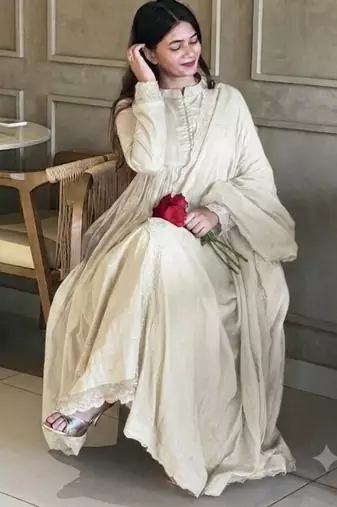 White silk blend embroidered flared gown set