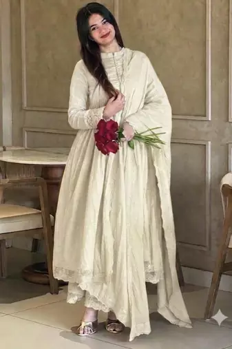 White silk blend embroidered flared gown set