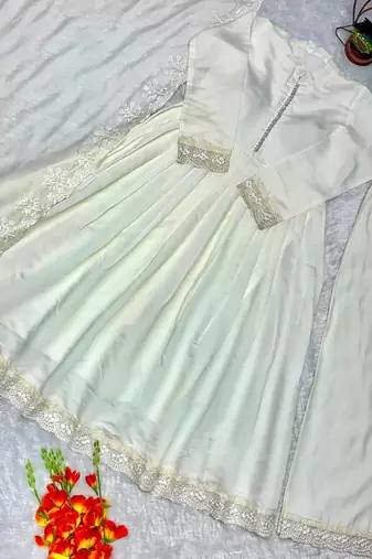 White silk blend embroidered flared gown set