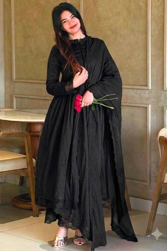 Black silk blend embroidered flared gown set