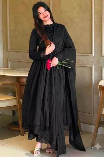 Black silk blend embroidered flared gown set