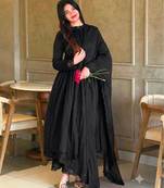 Black silk blend embroidered flared gown set