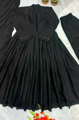 Black silk blend embroidered flared gown set