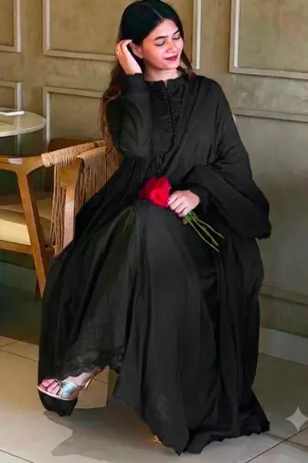 Black silk blend embroidered flared gown set