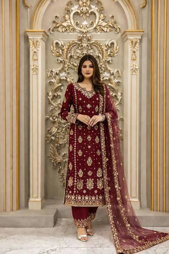 Maroon faux georgette embroidered palazzo set
