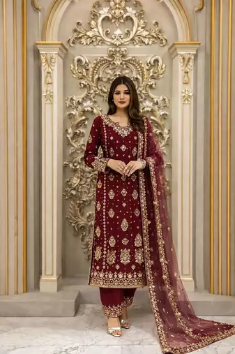 Maroon faux georgette embroidered palazzo set