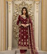 Maroon faux georgette embroidered palazzo set