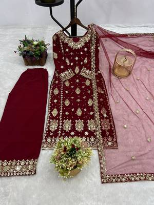 Maroon faux georgette embroidered palazzo set 2