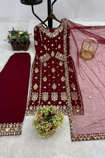Maroon faux georgette embroidered palazzo set
