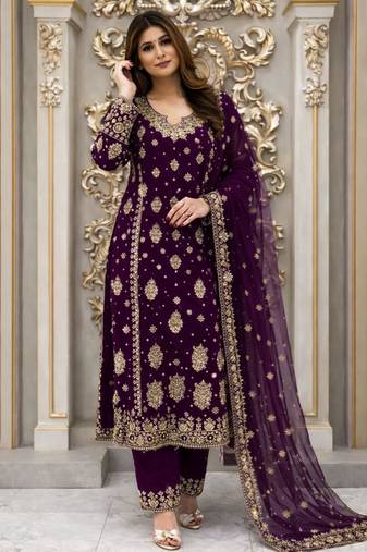 Purple faux georgette embroidered palazzo set