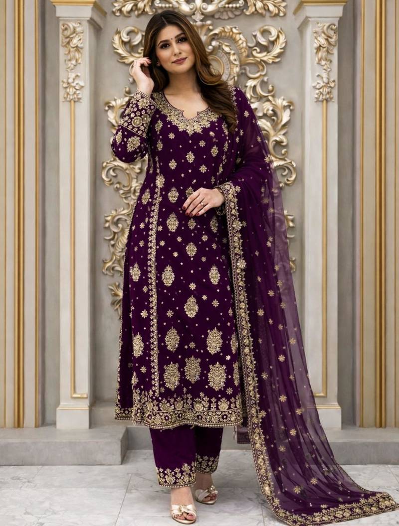 Purple faux georgette embroidered palazzo set