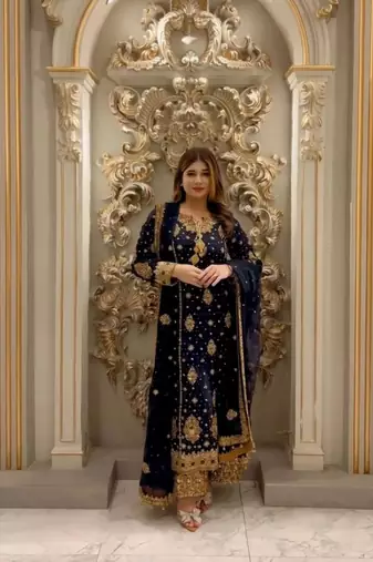 Blue faux georgette embroidered palazzo set