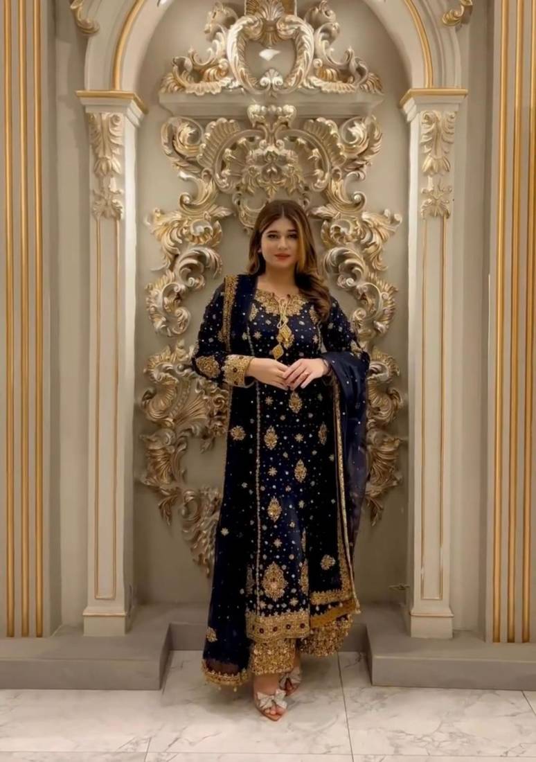 Blue faux georgette embroidered palazzo set