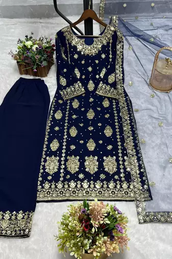 Blue faux georgette embroidered palazzo set