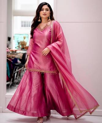 Pink silk blend embroidered palazzo set 1