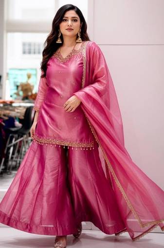 Pink silk blend embroidered palazzo set