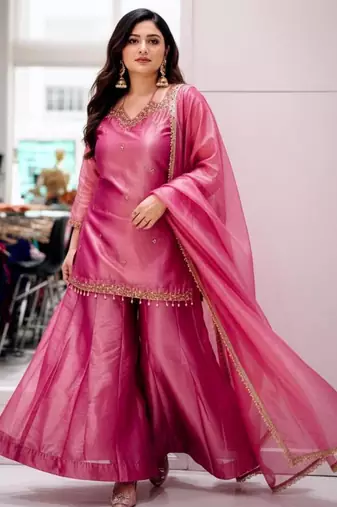 Pink silk blend embroidered palazzo set