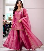 Pink silk blend embroidered palazzo set