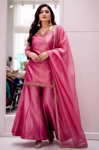 Pink silk blend embroidered palazzo set