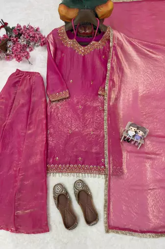 Pink silk blend embroidered palazzo set