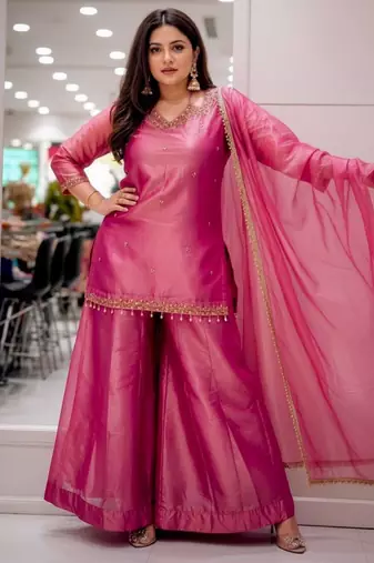 Pink silk blend embroidered palazzo set