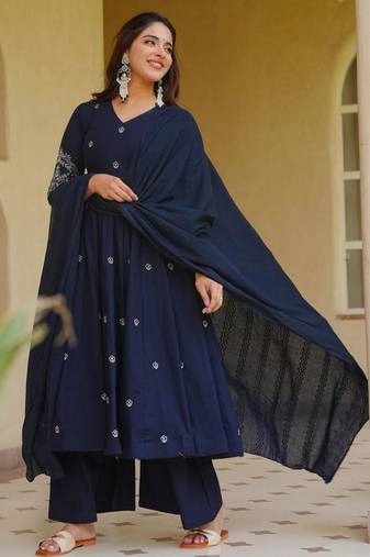 Navy-blue silk blend embroidered anarkali set