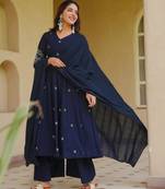 Navy-blue silk blend embroidered anarkali set