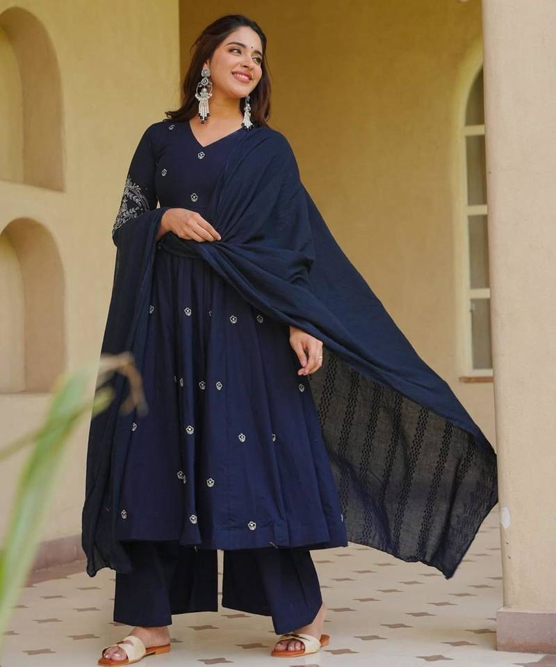 Navy-blue silk blend embroidered anarkali set