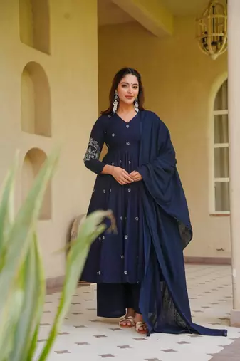 Navy-blue silk blend embroidered anarkali set