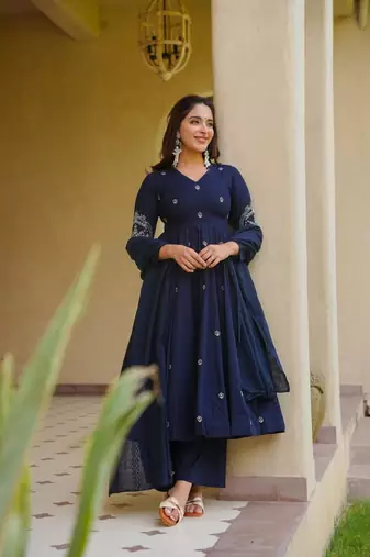 Navy-blue silk blend embroidered anarkali set