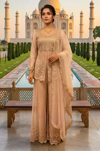 Beige net embroidered palazzo set