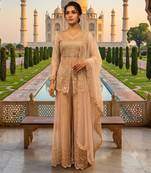 Beige net embroidered palazzo set